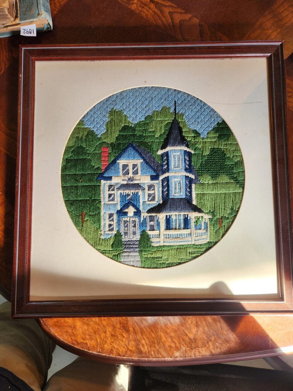 Vintage Framed Circular Needlepoint Victorian House Dark Wood Frame Wall Art